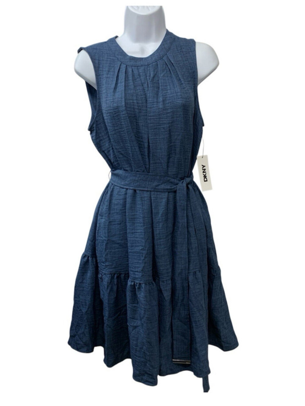DKNY Women's Fit & Flare Mini Dress Denim Sleeveless Jewel Neck Classic Size 10